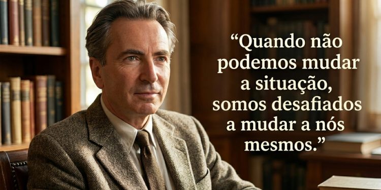 Homem em biblioteca aparece ao lado de frase em português sobre mudar a si mesmo quando não é possível mudar uma situação.