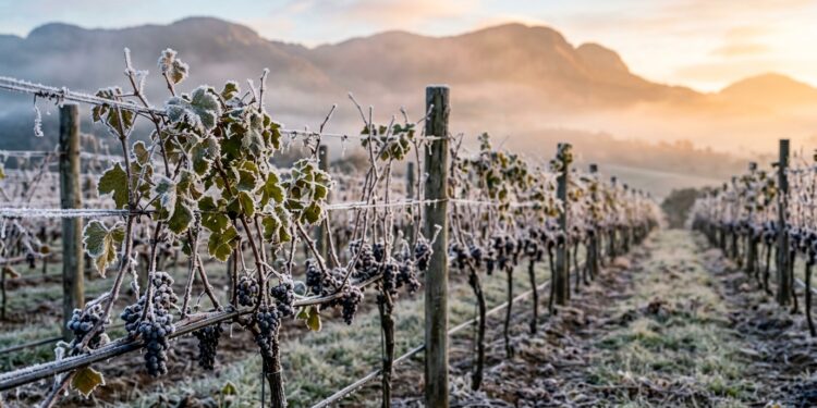 Plantação de uvas em um vinhedo de altitude com folhas, galhos e cachos escuros totalmente cobertos por uma fina e delicada camada de gelo. Ao fundo, montanhas e uma névoa suave são iluminadas pela luz dourada e quente do nascer do sol.