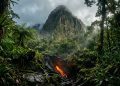 Vulcão coberto por floresta tropical aparece entre névoa e vegetação densa, com abertura incandescente de lava em primeiro plano.