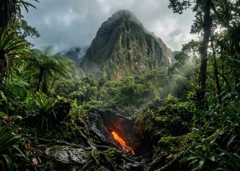 Vulcão coberto por floresta tropical aparece entre névoa e vegetação densa, com abertura incandescente de lava em primeiro plano.