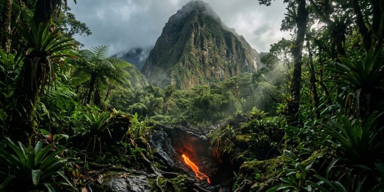 Vulcão coberto por floresta tropical aparece entre névoa e vegetação densa, com abertura incandescente de lava em primeiro plano.