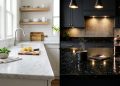 Comparação entre cozinha com bancada clara tipo mármore e cozinha com bancada escura tipo granito, mostrando dois estilos de decoração.