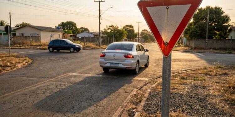 Placa R-2 domina cruzamento brasileiro e mostra o momento de ceder passagem