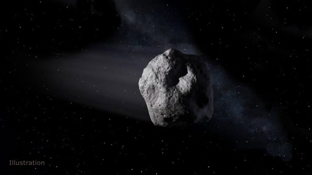 Asteroide passando próximo ao planeta Terra no espaço, com estrelas ao fundo e continentes iluminados.