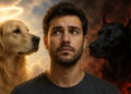 Provérbio Americano sobre o conflito entre o bem e o mal dentro de cada pessoa: "Dentro de mim há dois cachorros: um deles é cruel e mau; o outro é muito bom. Os dois estão sempre brigando. O que ganha a briga é aquele..."
