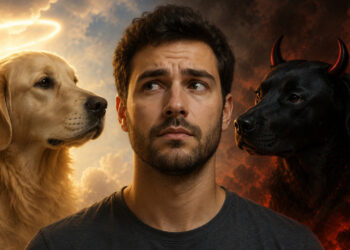 Provérbio Americano sobre o conflito entre o bem e o mal dentro de cada pessoa: "Dentro de mim há dois cachorros: um deles é cruel e mau; o outro é muito bom. Os dois estão sempre brigando. O que ganha a briga é aquele..."
