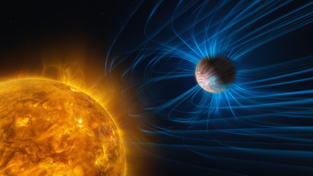 Ilustração espacial mostra uma estrela brilhante emitindo radiação em direção a um planeta distante, cercado por linhas azuis que representam seu campo magnético.