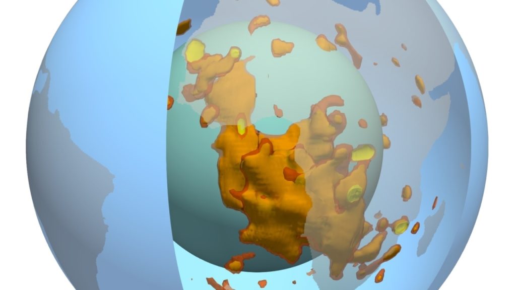 Ilustração científica mostra o interior da Terra em modelo 3D, com camadas transparentes e áreas coloridas representando estruturas profundas do planeta.