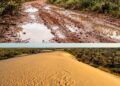 Mosaico fotográfico dividido em duas partes. Na parte superior, uma estrada de terra avermelhada cheia de lama e grandes poças d'água com profundas marcas de pneus. Na parte inferior, uma vasta duna de areia dourada com ondulações, contornada pela vegetação verde do cerrado sob um céu claro.