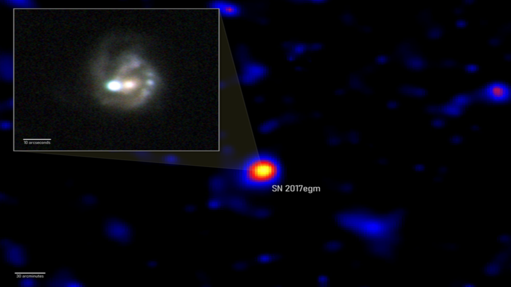 Imagem astronômica mostra a supernova SN 2017egm destacada em mapa do céu, com ampliação de sua galáxia hospedeira no canto superior esquerdo.