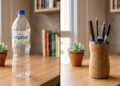 Esse projeto transforma uma garrafa PET comum em um organizador moderno para materiais escolares e de escritório