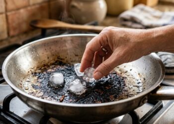 Antes de passar horas esfregando a panela queimada, experimente este método simples com cubos de gelo