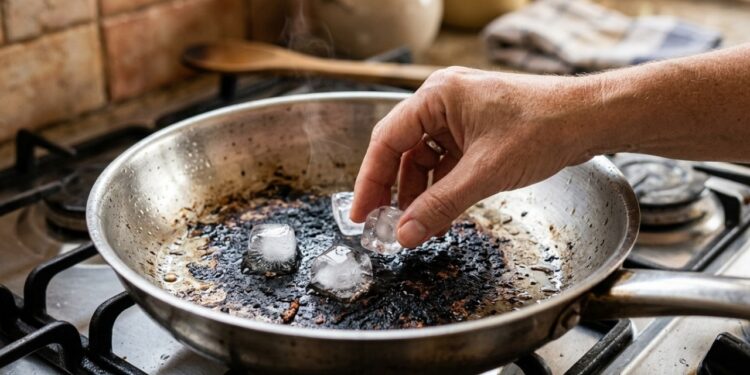Antes de passar horas esfregando a panela queimada, experimente este método simples com cubos de gelo