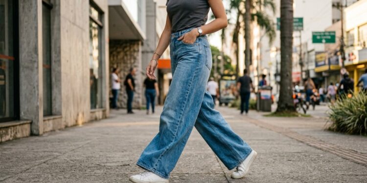 Jeans largos unem conforto e estilo autêntico em versáteis combinações urbanas.