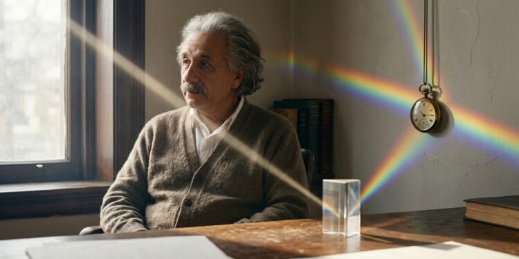 Einstein observa um feixe de luz curvar o espaço silencioso de seu escritório