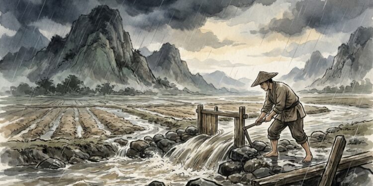 Agricultor abre um canal para que a chuva alcance a terra preparada durante a tempestade