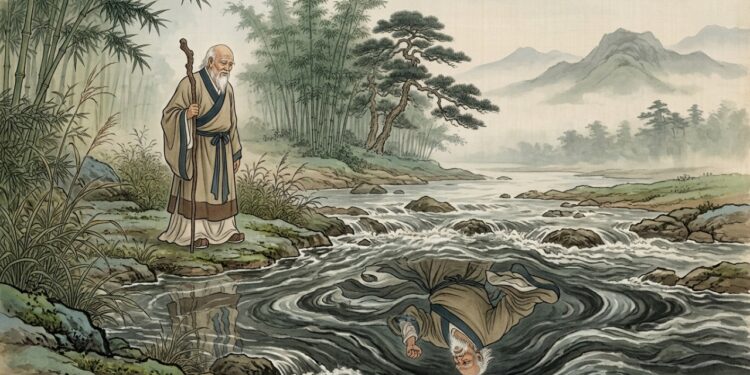 Lao Tzu permanece imóvel enquanto sua imagem agitada luta dentro da correnteza