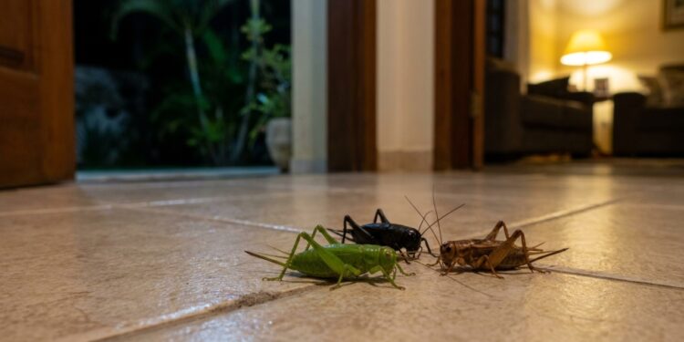 Trio de grilos verde, preto e marrom aparece na casa durante a noite