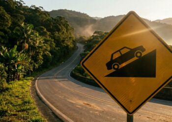 O que significa a placa de trânsito amarela com o desenho de um carro subindo uma estrada?